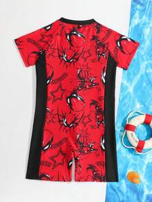 Tween Boy Cartoon Print Zip-Up One-Piece Swimsuit & Shorts Junior Surf Swimwear Boys Rash Guard Set Kids Red Swimsuit Size 5 Boys Red Swim Sets Red Boys Swim Sets - Multicolor - View 2
