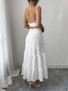 Skirt With Eyelet Embroidery, Ruffle Trim - White - View 2