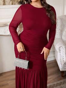 Firerie Đầm lưới cổ tròn tay dài cỡ lớn dành cho nữ, đầm thường ngày mùa thu. Phù hợp làm trang phục mùa thu, trang phục trở lại trường, trang phục giáo viên - Đỏ - Xem 3