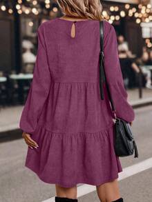 EMERY ROSE 纯色圆领灯笼袖宽松荷叶边下摆休闲连衣裙 - 玫紅色 - 查看 2