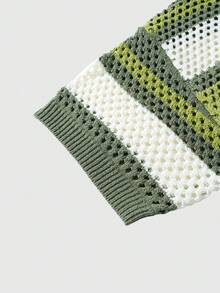 ROMWE MEN Essentials 撞色条纹印花休闲百搭短袖针织上衣 - 綠色 - 查看 4