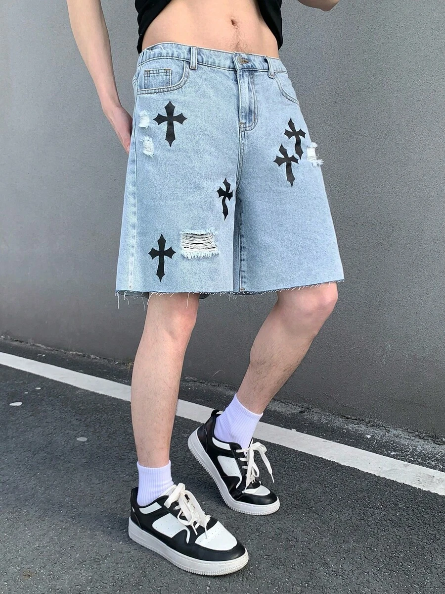 Teen Boys' Cross Pattern Distressed Blue Denim Shorts - Blue - View 1