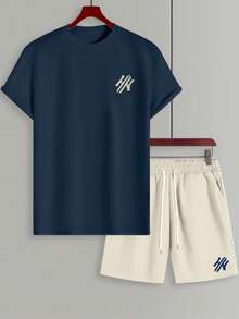 Manfinity Homme 2 件男士字母印花圆领短袖 T 恤和抽绳腰袋短裤套装 - 彩色 - 查看 3