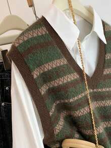 SHEIN Áo Ghi Lê Len Dệt Kim Rời Cổ Chữ V Sọc Phối Màu Hình Học Thường Ngày Cho Nữ, Thích Hợp Cho Hàng Ngày, Đi Làm Và Đi Học, Mùa Thu / Đông - Nhiều màu - Xem 3