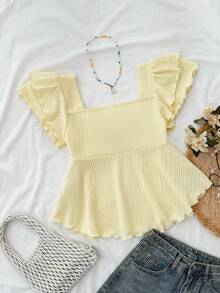 Áo thun dệt Jacquard tay bèo nhún, màu trơn, dễ thương, dễ mặc, dành cho thiếu nữ mùa hè, ngày lễ tình nhân, tiệc tùng, thường ngày, thoải mái - Màu vàng - Xem 2