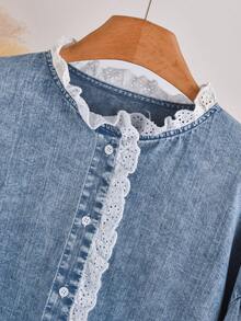 CosyJoli 大码女装秋冬衬衫、纽扣领上衣、牛仔水洗衬衫、可爱蕾丝衬衫、休闲女装、女童服装、灯笼袖衬衫