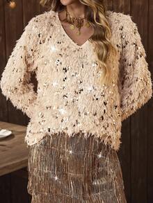 LanaWest Women's Fashionable Party Fuzzy V-Neck Lantern Sleeve Metallic Sequin T-Shirt, Autumn/Winter - Apricot - View 5