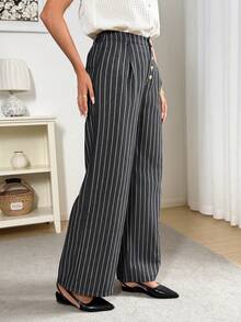 Easowa 女士条纹纽扣休闲百搭日常通勤阔腿裤 - 灰色 - 查看 2