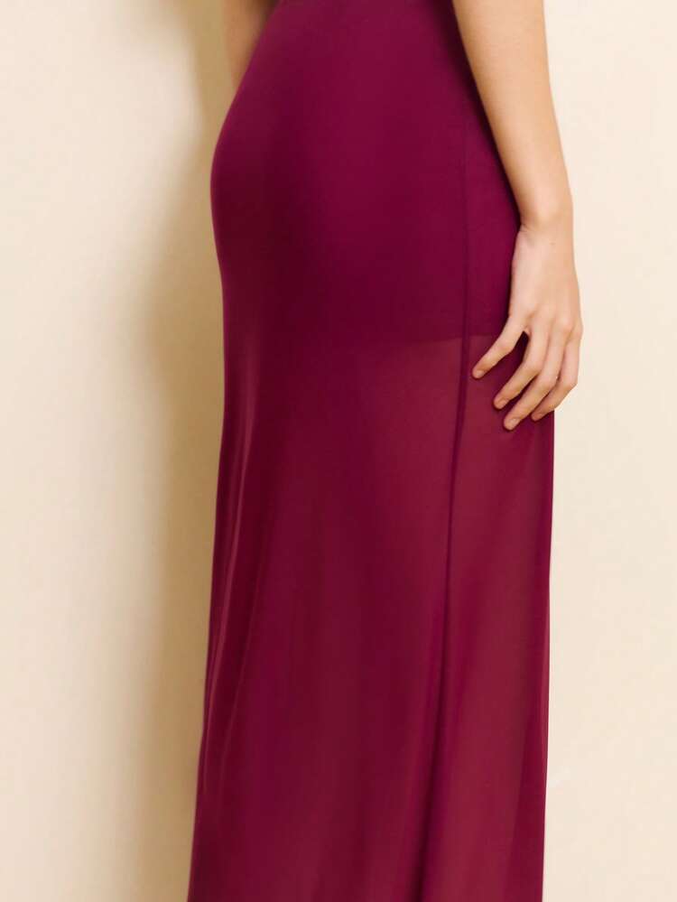 Sheer Burgundy Maxi Skirt Fitted Upper Part With Transparent Hem Flowy Skirt Summer Skirt New Year