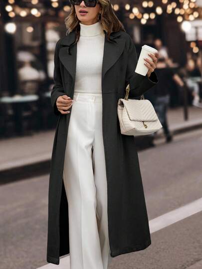 EURMUSE Elegant Style, Pleated Hem Detailed Maxi Line Coat