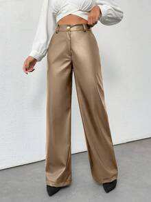 Plus Size Women's Gold Button Detailed Straight Fit Leather Pant - Mocha Brown - View 6