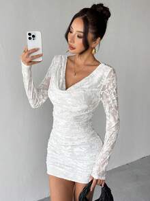 Islaluna Đầm dự tiệc mini ôm sát cổ tay dài họa tiết lá nhung thanh lịch dành cho nữ, mùa đông - Màu be - Xem 5