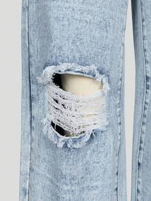 SHEIN ChillGRL Tween Girls Y2K Style Denim Jeans, Casual & Comfortable Distressed Wide Leg Jeans, Light Blue Washed Cotton Denim Pants, Suitable For All Seasons Ripped Jeans Ripped Baggy Jeans Wide Jeans - Light Wash - View 5