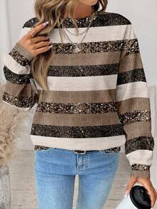 SHEIN LUNE Áo nỉ dài tay cổ tròn in họa tiết giả vàng kẻ sọc thường ngày cho nữ - Nhiều màu - Xem 2