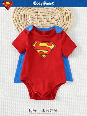 SUPERMAN X Cozy Pixies 新生男宝宝图案圆领短袖连体衣和纯色披肩两件套