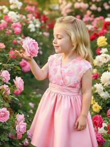 SHEIN Vestido casual de niña con tejido de unicolor y flores 3D - Rosa - Ver 6