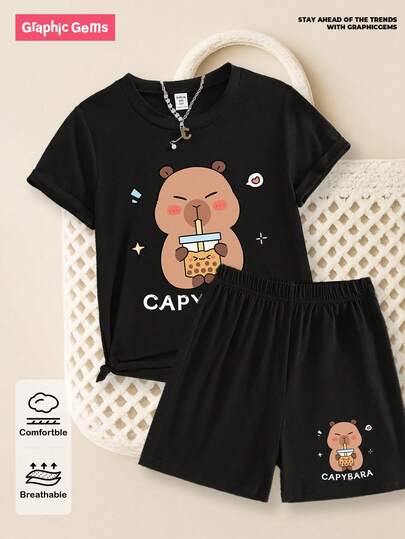 GraphicGems Tween Girl Capybara Drinking Bubble Tea Print Round Neck Short Sleeve T-Shirt & Shorts Black 2 Pieces Set