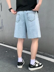 Teen Boys' Cross Pattern Distressed Blue Denim Shorts - Blue - View 2