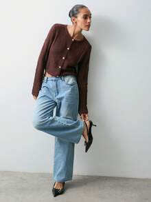 Maija Cárdigan de manga larga de cuello redondo de una hilera de botones, versátil para fiesta y trabajo, de moda para mujer - Marrón - Ver 4