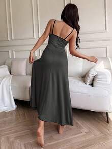 SHEIN Lace Trim Soft & Comfortable Women's Long Nightgown Sexy Sleep Dress Long Night Dress Long Lingerie Dress Lounge Dresses - Dark Grey - View 2
