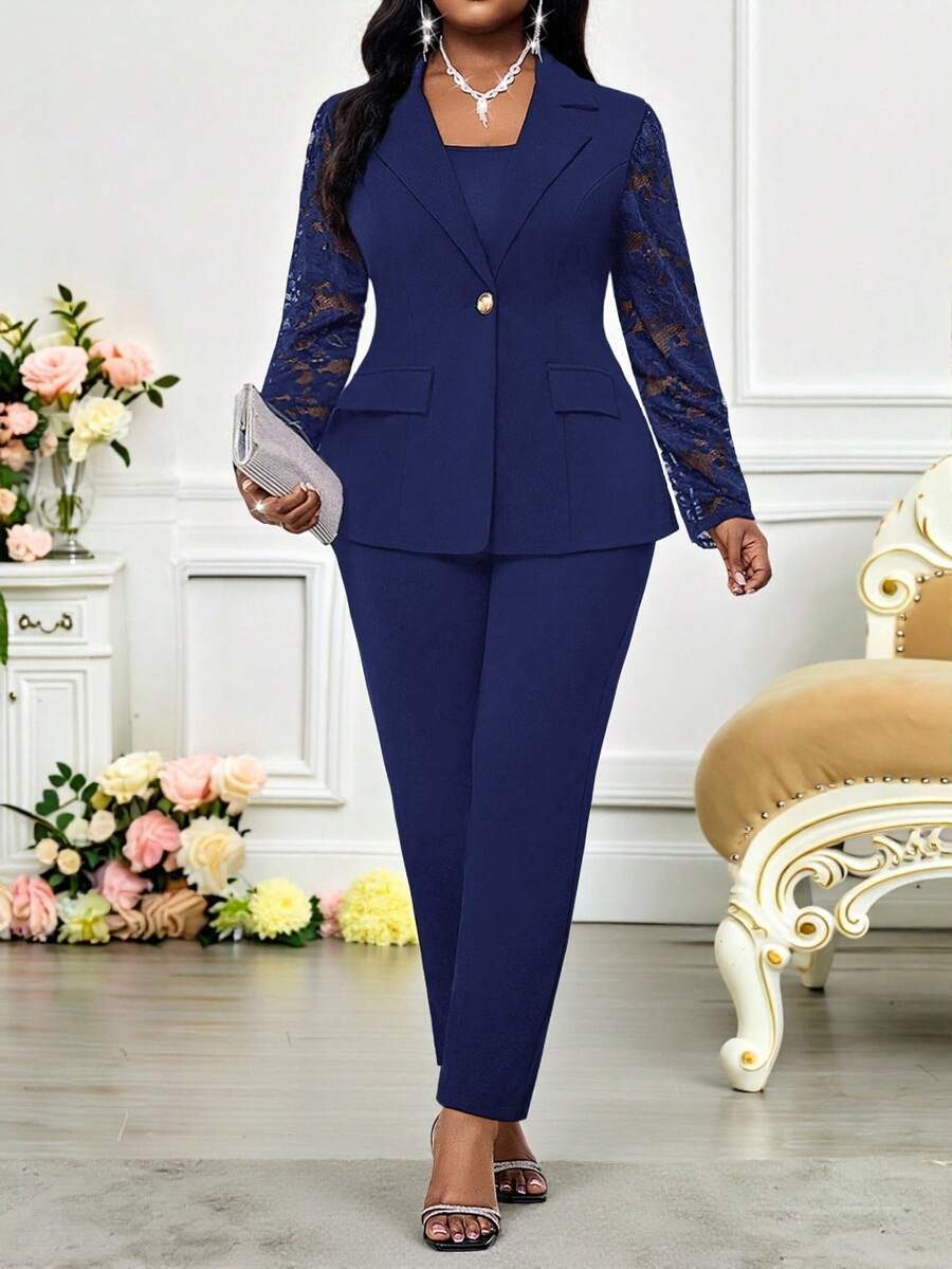 SHEIN Lady 春、夏、秋、冬 优雅派对通勤婚礼情人节鸡尾酒会办公室音乐会/音乐节翻领撞色蕾丝金色纽扣假口袋长袖加大码西装外套和裤子套装 - 藏蓝色 - 查看 1