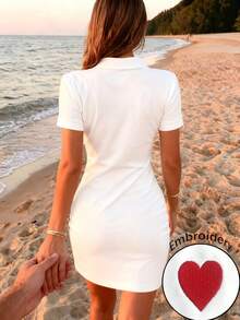 INAWLY 情人节优雅心形刺绣休闲修身Polo领连衣裙