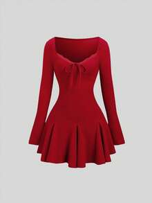 Sweetra Váy cổ tim thắt nút phía trước tay áo bèo nhún viền Godet - Đỏ - Xem 3