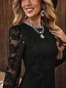 Women's Western New Year Party Black Lace Long Sleeve Ruffle Hem Elegant Dress, New Year Outfit Suitable For New Year Party, Gathering, Daily Date, Attending Dinner Party - LanaWest - Black - View 6