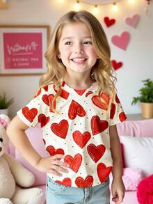 情人节少女休闲时尚创意个性清新可爱简约波点爱心图案印花舒适基础款短款T恤，适合情人节氛围 - 彩色 - 查看 3