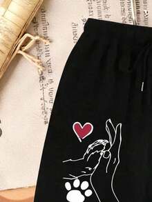 DrmWander Plus Size Women Heart Print Drawstring Waist Jogger Casual Sweatpants Graduation,Back To School Outfits,Graduation,Teacher Outfits For Women,Back To School Fall Cloth For Women - Black - View 3