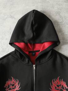 ROMWE MEN sweat-shirt à capuche zippé avec imprimé dragon chinois pour hommes, coupe ample - Noir - Voir 5
