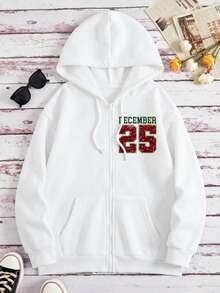 Sudadera con capucha y cremallera para mujer, cálida y suave, hecha en México, con estampado navideño. - Blanco - Ver 2