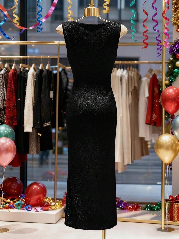 SHEIN Franclia فستان حفلة أنيق بدون أكمام طويل، مناسب لحفلات الخريف/الشتاء - الأسود - مشاهدة 2