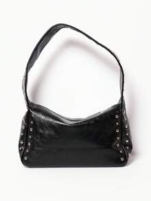 MUSERA 女士单肩包，流浪包，PU材质，黑色，时尚，个性，简约，百搭，街头风，酷炫，铆钉，日常购物 - 黑色 - 查看 2