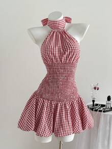 Elamini 红白格子面料腰部系带露背吊带泡泡荷叶边迷你连衣裙，女士春夏秋季时尚简约休闲通勤毕业返校教师优雅日常约会外出 - 紅白色 - 查看 3