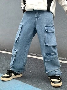 Zikori Little Byeori Quần jeans cargo ống đứng rộng màu đen phong cách Y2K cho bé trai, thích hợp mặc hàng ngày, dự lễ hội âm nhạc mùa xuân hè và dạo phố. - Màu xanh lam - Xem 6