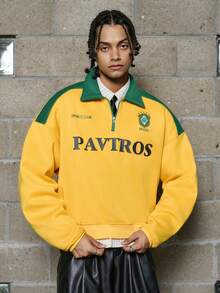 Áo nỉ nam PAVTROS kiểu dáng đường phố, cổ bẻ, khóa kéo ¼, lót giữ nhiệt, mang hơi hướng Brazil, thể thao & thường ngày, kiểu dáng độc đáo, logo thương hiệu, thiết kế theo chủ đề, phù hợp cho mặc hàng ngày, thể thao, giải trí, sự kiện theo chủ đề, quà tặng ngày lễ, quà tặng bạn trai. Áo hoodie màu vàng, áo nỉ, áo sơ mi ngắn tay khóa kéo ¼. - Màu vàng - Xem 4