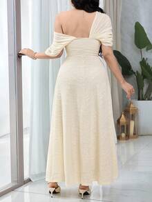 Feyla Women's Floral Jacquard Ruched Asymmetric Dress,   White Dress Lace Dress  Elegant Dresses For Women Summer Dresses For Women - Apricot - View 2