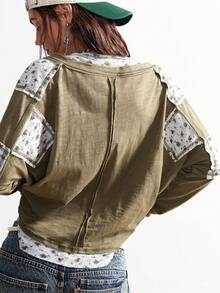 Bohemela 女士休闲针织拼布半拉链宽松长袖T恤 - 橄欖綠 - 查看 6