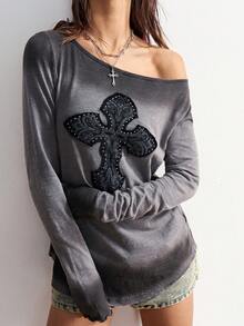 Bohemela Camiseta Feminina Ajustada de Manga Longa com Gráfico de Strass, Decote Barco, Tricô Patchwork Boho Casual