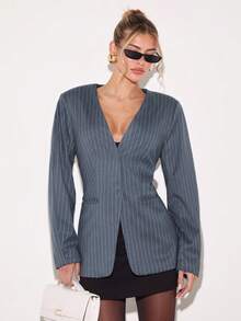 COSMINA Women's Elegant Deep V Waist Suit Blazer, Grey, Autumn, Casual, Work, Business , Office Attire - Blue - View 6