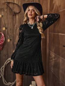 Women's Western New Year Party Black Lace Long Sleeve Ruffle Hem Elegant Dress, New Year Outfit Suitable For New Year Party, Gathering, Daily Date, Attending Dinner Party - LanaWest - Black - View 5