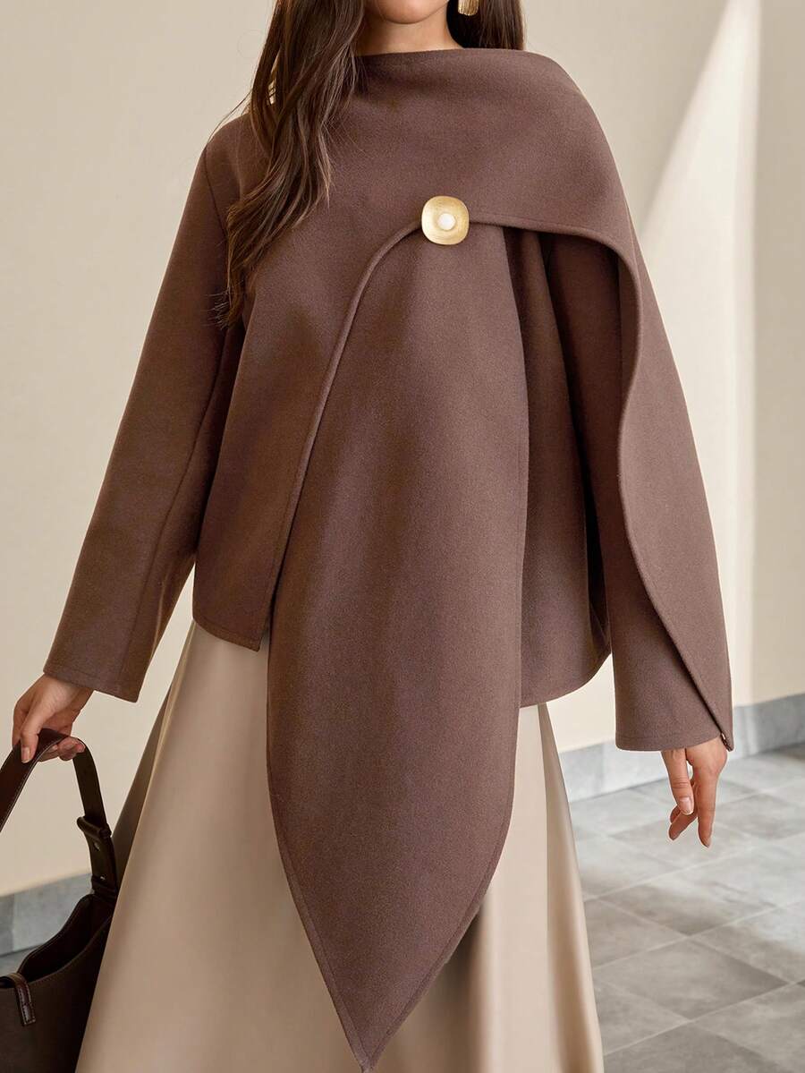 CLARA VERO Women's Dark Brown Asymmetric Draped Coat With Brooch Detail - Brown - View 1