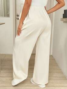 SHEIN Quần ống rộng thoải mái, dễ chịu, màu trơn cho bà bầu, eo có thể điều chỉnh, thích hợp mặc hàng ngày và đi nghỉ - Màu be - Xem 2