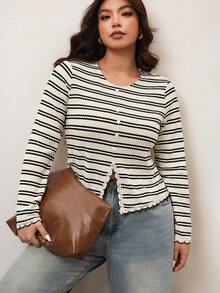 Enliva Áo thun cổ tròn dáng rộng kẻ sọc thường ngày cỡ lớn dành cho nữ, đa năng cho mùa hè - Đen và trắng - Xem 6