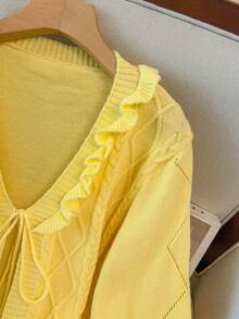 GlowEve CURVE Women's Autumn/Winter New Lace-Up Bow Knit Cardigan, Sweet Soft Floral Pattern Classic Versatile Regular Fit Sweater Top - Yellow - View 5