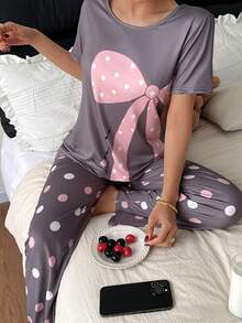 SHEIN Oversized Bow, Polka Dot Print Short Sleeve Pants Women PJS PJSs For Women Round Neck Polka Dot PJS Curve PJS PJS For Woman Women Sleep Wear Set - Multicolor - View 6