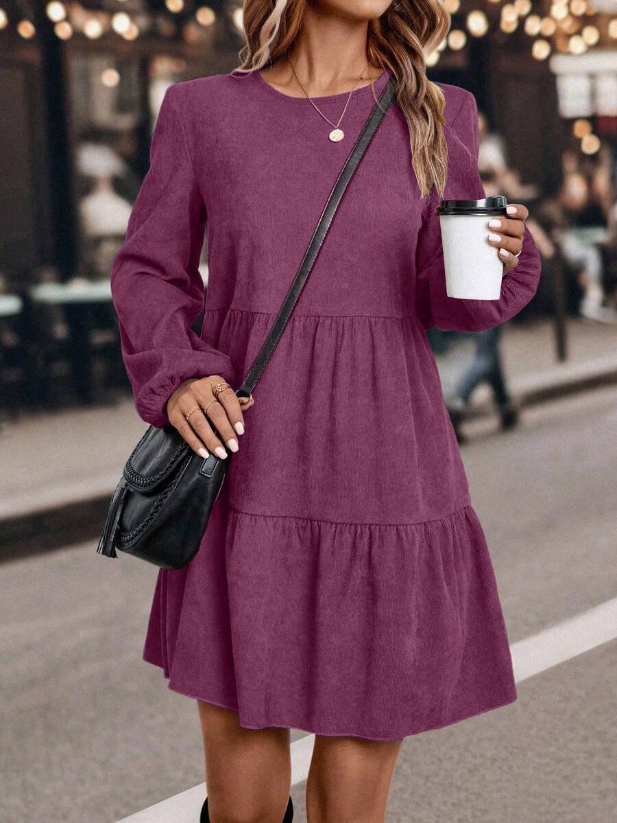 EMERY ROSE 纯色圆领灯笼袖宽松荷叶边下摆休闲连衣裙 - 玫紅色 - 查看 1