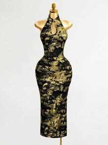 Mistrie Stand-Up Collar Sleeveless Hollow-Out Side Slit Sexy Elastic Slim New Chinese Style Gold Glittering Christmas Party Ladies Long Dress - Black Gold - View 8