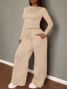 Slaydiva Plus Size Women Solid Color Long Sleeve Pleated T-Shirt And Wide Leg Pants Casual 2-Piece Set Modest Two Piece Set Comfortable Two Piece Set - Apricot - View 4